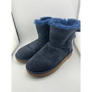 UGG Mini Bailey Bow II Navy Blue Suede Sheepskin Ankle Boots 1102929 Womens 7